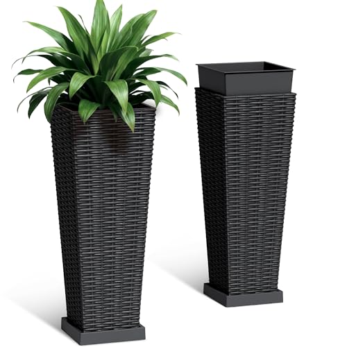 Greesum Set of 2 Tall Plastic Planters with Saucer, 23 Inch, Black - color: Black, size: 23" with Tray