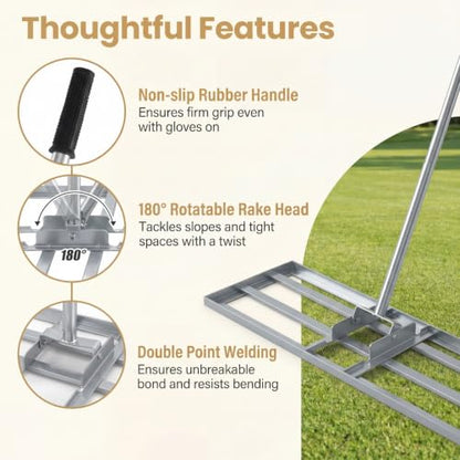 COSTWAY 30x10 Inch Lawn Leveling Rake (Silver, 30"x10") - color: Silver