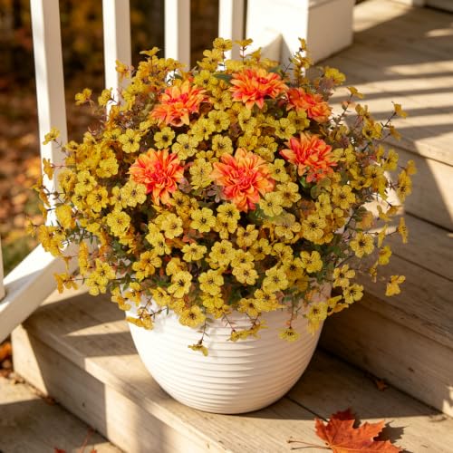 Hrobek Artificial Mums for Outdoors Planter Silk Fake Flower for Fall Decor - color: 2 Color Mixed (1 Orange Dahlia,11 Yellow Mums)