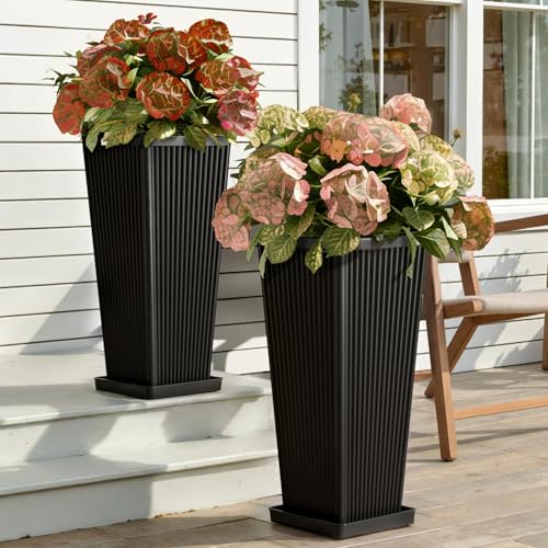 Square Tall Planters for Outdoor Plants with Tray - 24" Black 2Pack - color: Black-f