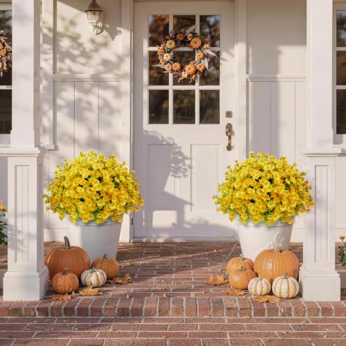alyptus Fake Flowers Yellow Fall Flowers for Outdoors - 8 Bundles Artificial Mums UV Resistant for Home Garden Window Fall Decor - color: Yellow