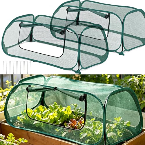 QwayHome 2Pack Garden Covers for Raised Beds, Pop Up Mesh Plant Protect Covers, Green 35% Sunblock Plant Shade Tent, Vegetable Seedling Crop Cage for Against Animals, With 8 Stakes L*W*H - 45*22*16in - color: Green