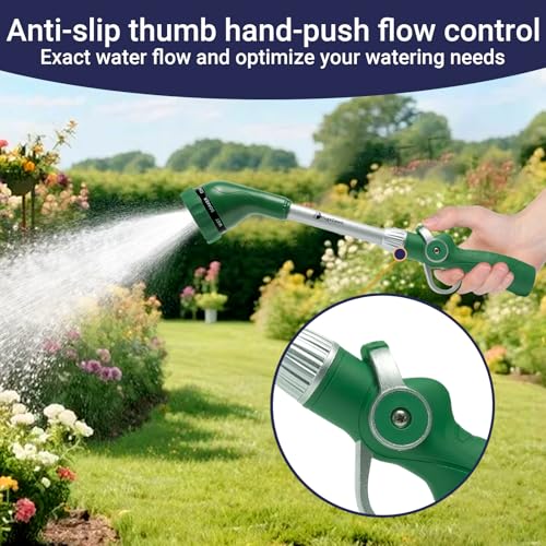 HugeDawn Garden Hose Wand, 16-Inch Heavy Duty Zinc Alloy & Aluminum Watering Wand with 8 Spray Patterns Thumb Control for Hanging Baskets, Garden, Cleaning (Green) - color: Green