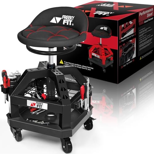 Rolling Shop Stool for Garage with Casters, DO02-Adjustable Height 360° Swivel Shop Seat with Tool Tray Storage, 330 LBS Capacity Padded Mechanic Stool, Magnetic Tool Hold, Heavy Duty, Black - color: Black With Magnetic Tool Hold