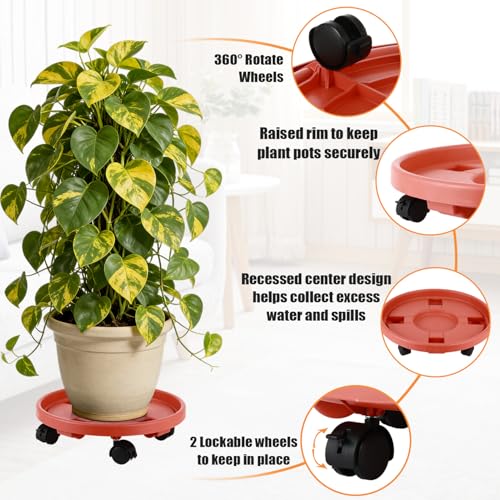 4-pack 16" Extra-large Plant Caddy with Wheels Plastic Plant Dolly with Casters Flower Pot Mover Rollers Wheeled Rolling Plant Stand Round Plant Saucer Indoor Outdoor Base Coasters, Terracotta red - color: Vintage red, size: 16"/ 4 packs
