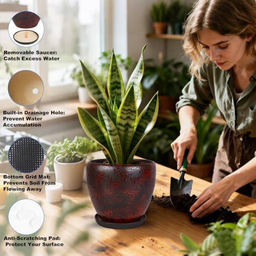 Ceramic Plant Pots With Saucer & Drainage Hole, 10 inch Indoor Flower Pots - color: Red, size: 10 inch