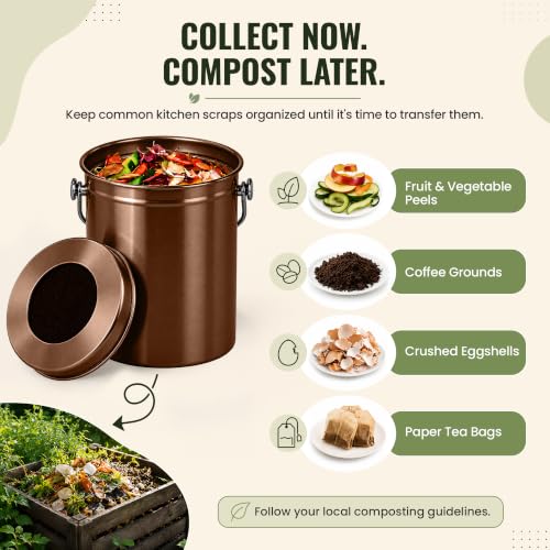 Epica Kitchen Compost Bin for Kitchen Countertops, 1.3 Galllon - Copper - color: Copper