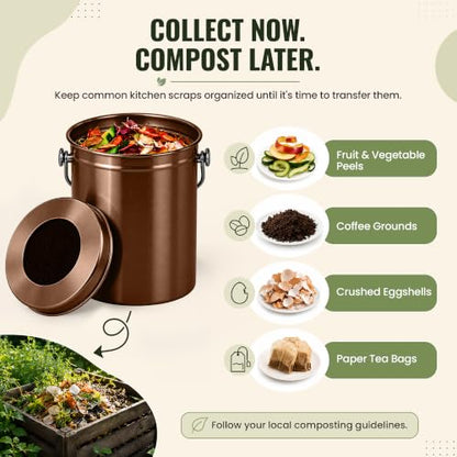 Epica Kitchen Compost Bin for Kitchen Countertops, 1.3 Galllon - Copper - color: Copper