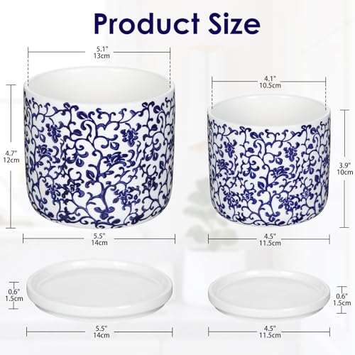 Set of 2 Blue and White Ceramic Plant Pots with Drainage Hole and Saucers, Retro Blue Porcelain Vase Round Planters for Succulent Cactus Indoor Outdoor Garden Home Desktop Decor, 4.5+5.5 Inch - color: Style 4