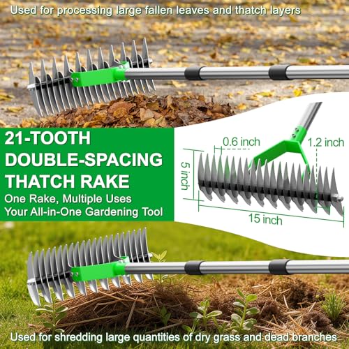 21-Tine Thatch Rake for Lawn,15" Heavy Duty Dethatcher Rake with 68" Handle