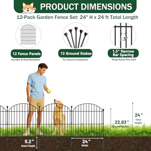 No Dig Garden Fence Panels, Dog Fence Outdoor for Yard, 12 Pack - size: 24in(H) x 24ft(L)