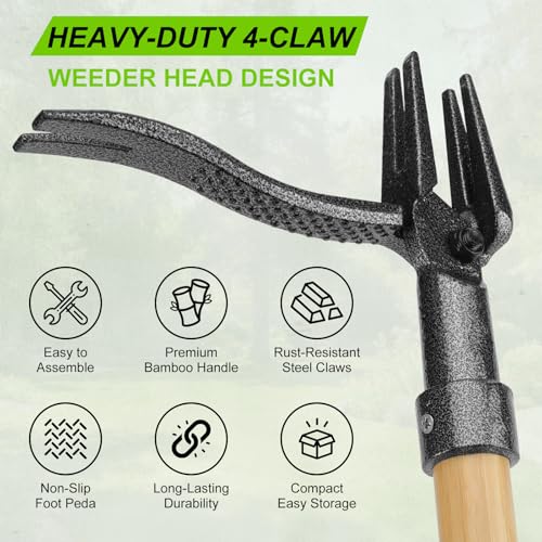 Stand Up Weed Puller Tool, Real Bamboo Long Handle 4-Claw Steel Head Weeder - size: 45-IN
