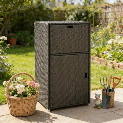 23.6" Outdoor Storage Shed, Rattan Pool Towel Rack Cabinet with Top Drawer - color: Dark Brown
