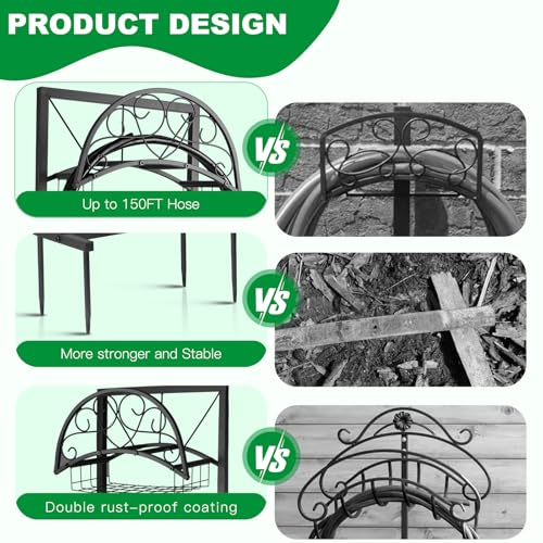 Garden Hose Holder Stand with Storage Basket, Heavy Duty Freestanding Hose Holder for Outside, Holds Up to 150FT Water Hose, Metal Hose Hanger Rack with 4 Anchor Spikes for Yard Lawn Garden