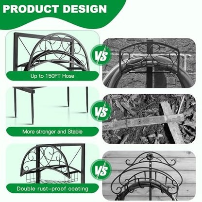 Garden Hose Holder Stand with Storage Basket, Heavy Duty Freestanding Hose Holder for Outside, Holds Up to 150FT Water Hose, Metal Hose Hanger Rack with 4 Anchor Spikes for Yard Lawn Garden