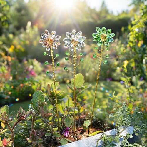 3Pcs Crystal Sunflower Suncatchers with 13'' Gold Trellis Metal Plant Stake - color: Clear, Green, Pink