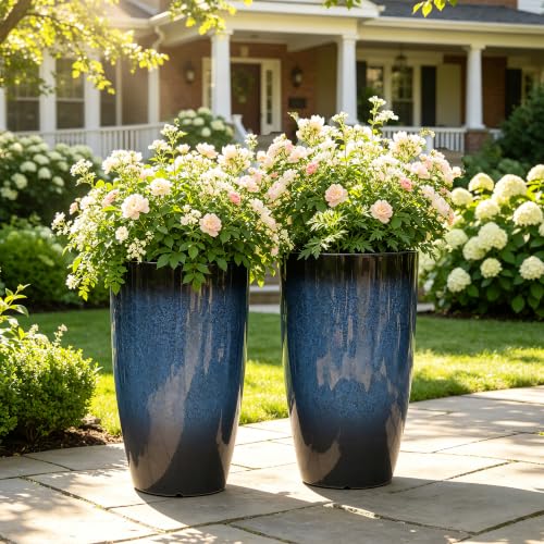 Autodaya 24" Large Tall Outdoor Planters Set of 2, Faux Ceramic Flower Pots - color: 23.8" Blue Gradient Cobalt Finish