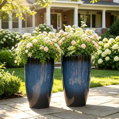 Autodaya 24" Large Tall Outdoor Planters Set of 2, Faux Ceramic Flower Pots - color: 23.8" Blue Gradient Cobalt Finish