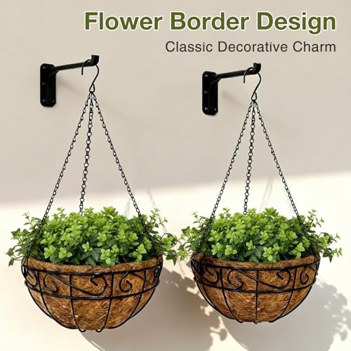 12 Inch Hanging Baskets for Plants Outdoor, 2 Pack Metal Wire Hanging Planters with Coco Coir Liners, Rust-Resistant Flower Basket with Chains & Hooks for Garden Patio Porch Deck Balcony - size: 12IN-2PCS, style: Flower Border
