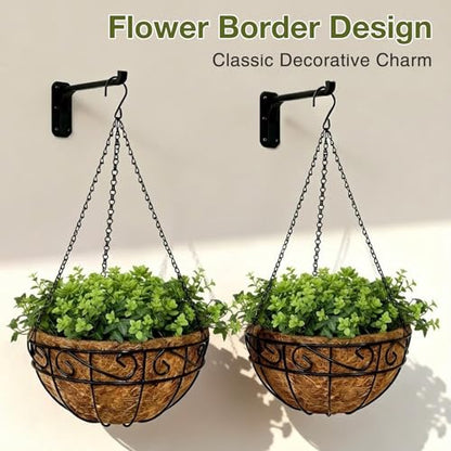 12 Inch Hanging Baskets for Plants Outdoor, 2 Pack Metal Wire Hanging Planters with Coco Coir Liners, Rust-Resistant Flower Basket with Chains & Hooks for Garden Patio Porch Deck Balcony - size: 12IN-2PCS, style: Flower Border