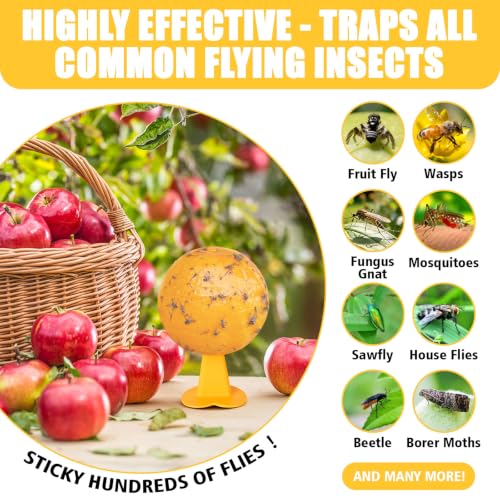 Sticky Fruit Fly Traps Indoor Outdoor, 6pc Yellow Hanging Ball Bug Catcher - color: Yellow with base