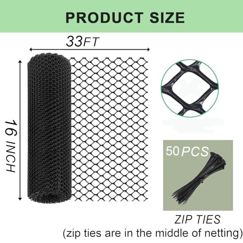 Plastic Wire Mesh Fence Roll 16 in x 33 ft Plastic Chicken Mesh with 50 Pcs Zip Ties Balcony Garden Netting Fencing Barrier for Dogs, Poultry, Puppy, Garden Snake Barrier - size: 16IN x 33FT + 50Ties