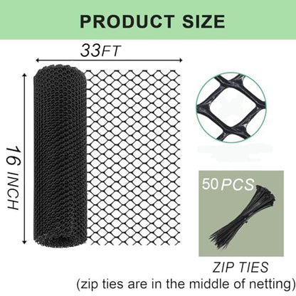 Plastic Wire Mesh Fence Roll 16 in x 33 ft Plastic Chicken Mesh with 50 Pcs Zip Ties Balcony Garden Netting Fencing Barrier for Dogs, Poultry, Puppy, Garden Snake Barrier - size: 16IN x 33FT + 50Ties