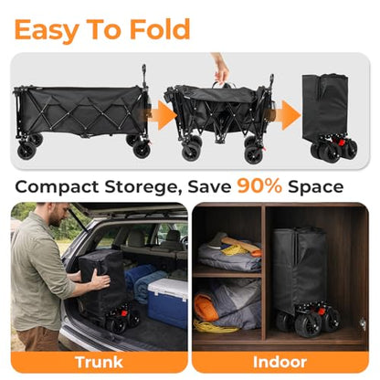 70”L Extender Collapsible Wagon, Extra Long Foldable Wagon Cart with Extended Tailgate, Heavy Duty Rolling Utility Cart with All-Terrain Big Wheels for Transport Sports Beach, Black
