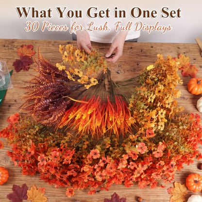 DomeStar 30PCS Fall Mums for Outdoors, Faux Fall Flowers UV Resistant