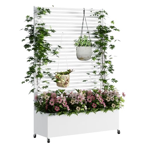 Metal Planter Box with Trellis Privacy Screen, Raised Garden Bed with Trellis & Wheels, Privacy Planters for Patio, Planter Box with Drainage Holes for Climbing Plants, 73"x 47"x 16", White - color: White, size: 73"x 47"x 16"