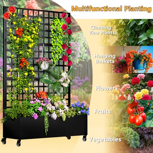 MTART Metal Planter Box with Trellis, 72"x47"x16" Outdoor Galvanized Raised Garden Bed with Privacy Screen & Drainage Holes & Lockable Casters for Climbing Plants, Vegetable, Vines (Black-Grid) - color: Black-grid