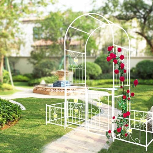 Garden Arch with Gate and Planter Boxes, 86.6" H Metal Archway for Climbing Plants, Iron Rose Trellis Arbor with Butterfly Design for Wedding Backyard Patio Lawn Decor