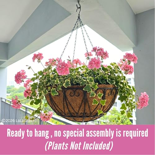 LaLaGreen Coco Hanging Baskets (18 in, 2 Pack) Black Wire Flower Pot Holder - size: 18" x 2 Pack
