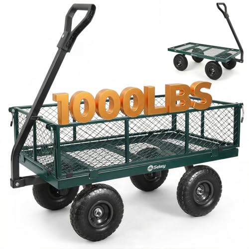 Sekey Steel Garden Cart, 1000 lb Capacity, Removable Sides, 10 in Tires - color: Green, size: 1000LBS