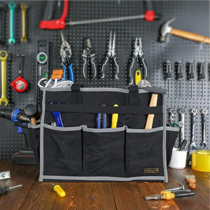Tool Bag,Tool Pouch with 6 Pockets,Heavy Duty Waxed Canvas Garden Tool Bag Tool Case,16.5 x 7 x 12 Inch & Black - color: Black