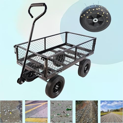 Solid Wheels Wagon cart Large-Capacity mesh Steel Garden Trolley with Detachable Side Without Inflatable Tires can be Used in fams,Warehouses and so on.The Load can Reach 1100 pounds. - color: Black Solid Wheels