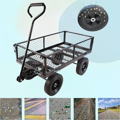 Solid Wheels Wagon cart Large-Capacity mesh Steel Garden Trolley with Detachable Side Without Inflatable Tires can be Used in fams,Warehouses and so on.The Load can Reach 1100 pounds. - color: Black Solid Wheels