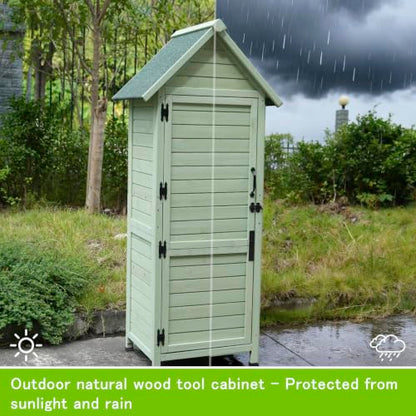 SUHPETNSOutdoor Wooden Storage Shed with Safety Latch & Adjustable Shelves, Weather‑Resistant Garden Tool Cabinet, Patio Storage Organizer (Light Green)