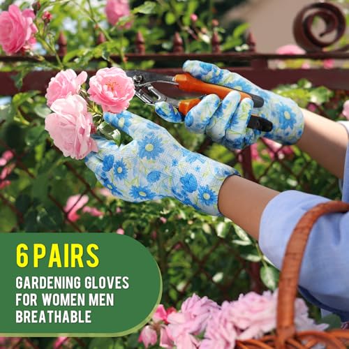 6 Pairs Gardening Gloves for Women - Breathable Rubber Coated Garden Gloves, Multi-purposes Gardening Gloves - color: Light Purple / Blue / Pink / Blue / Cyan / Orange
