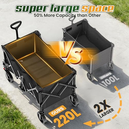 Wagons Carts Foldable,Collapsible Wagon with Wheels,450LBS Heavy Duty Beach Wagon Cart,Lightweight Portable Folding Utility Wagon Cart with Cup Holders for Camping, Garden, Sports, Grocery pcs - color: Black-200l