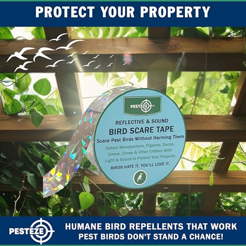 PESTEZE USA Bird Deterrent Reflective Tape–Dual-Sided Holographic Scare Ribbon (2in x 360ft) to Repel Nuisance Birds and Protect Gardens, Patios, Yards & Buildings from Pigeons, Woodpeckers, & Geese