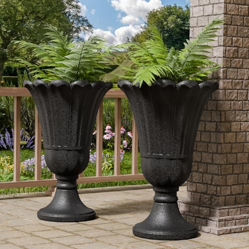 Tall Plastic Urn Planters and Pedestal - 24" Outdoor Planter Black - color: Black-petal