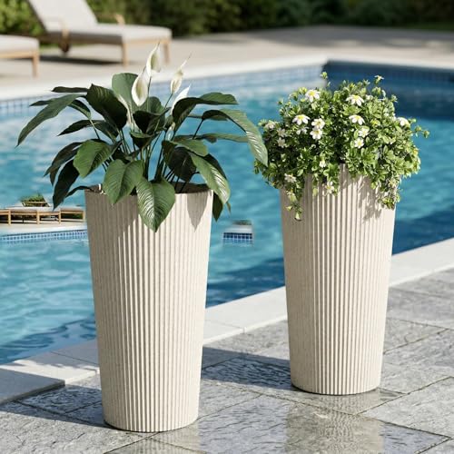 24" Tall Round Planters for Outdoor Plants Fluted Finishes - Beige - color: Beige