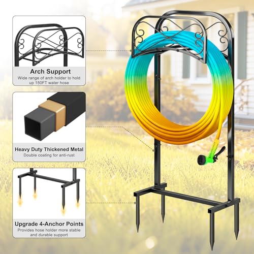 Gtongoko Garden Hose Holder for Outside 43" Heavy Duty Freestanding Water Hose Holder with 4 Stable Spikes Metal Hose Stand Holds Up to 150FT Hose & 44LB Detachable Hose Storage for Yard Lawn Patio - size: 43 Inch