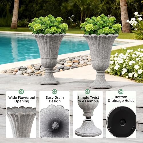 Tall Plastic Urn Planters and Pedestal - 24" Outdoor Planter Gray - color: Grey-petal