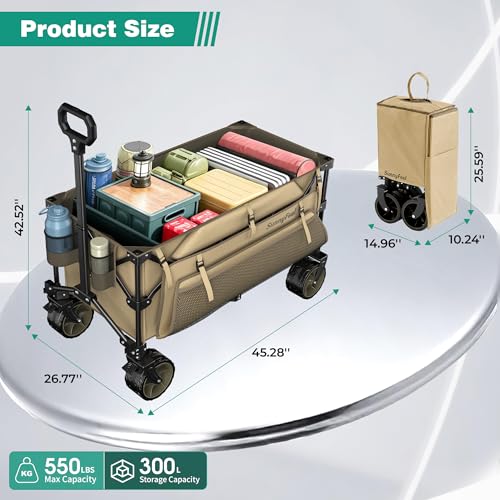 SUNNYFEEL 300L Collapsible Wagon Cart with Big Wheels, 550LBS, Khaki - color: Khaki