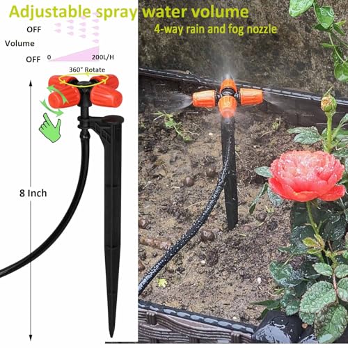 Drip Irrigation Kit Automatic Watering System with Water Timer 64FT 1/4 Tubing and 12 Rain Spray Watering Nozzles in 4 Directions for Potted Plants Yard Lawn Juvenile Plants Greenhouse Mist - size: 1t