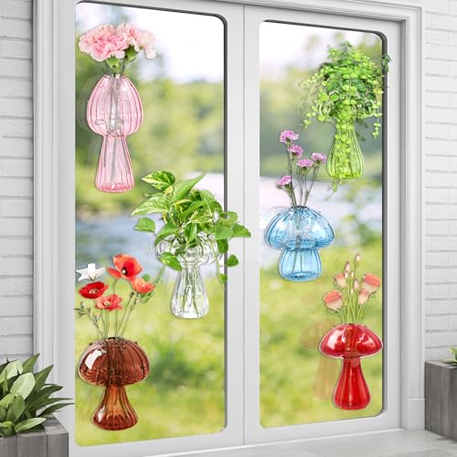 6Pcs Window Propagation Stations Colored Mushroom Propagation Vases with 8Pcs Suction Cups Glass Window Wall Hanging Planter Holder Small Bud Vases for Flowers Plant Home Decor