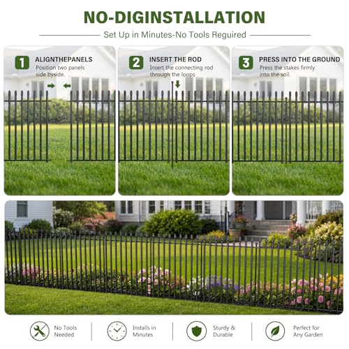 No Dig Decorative Garden Fence, 48in(H)×17.6ft(L), 8 Panels with Gate - size: 48 in(H) X 17.6 ft(L)
