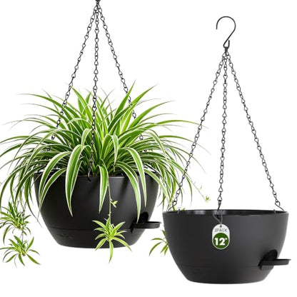 12 Inch Large Self Watering Hanging Planters 2 Pack with Saucers - color: Black, size: 12 Inch 2 Pack